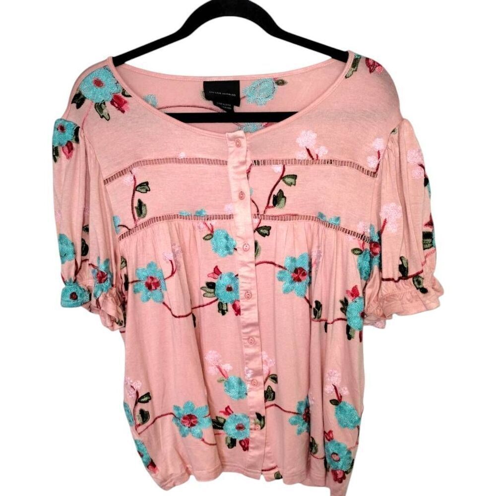LIV Los Angeles Womens Top Sz 1X Pink‎ Embroidered Peasant Boho Blouse